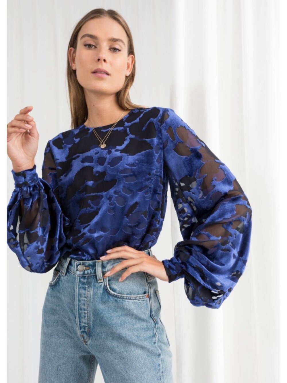 & Other Stories Sheer Burnout Velvet Blouse Blue Size 6